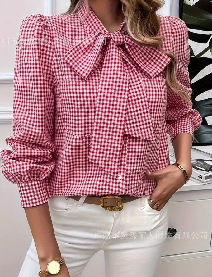 Tie Front Shirt - Women's Spring Casual Checkered Print Shirt