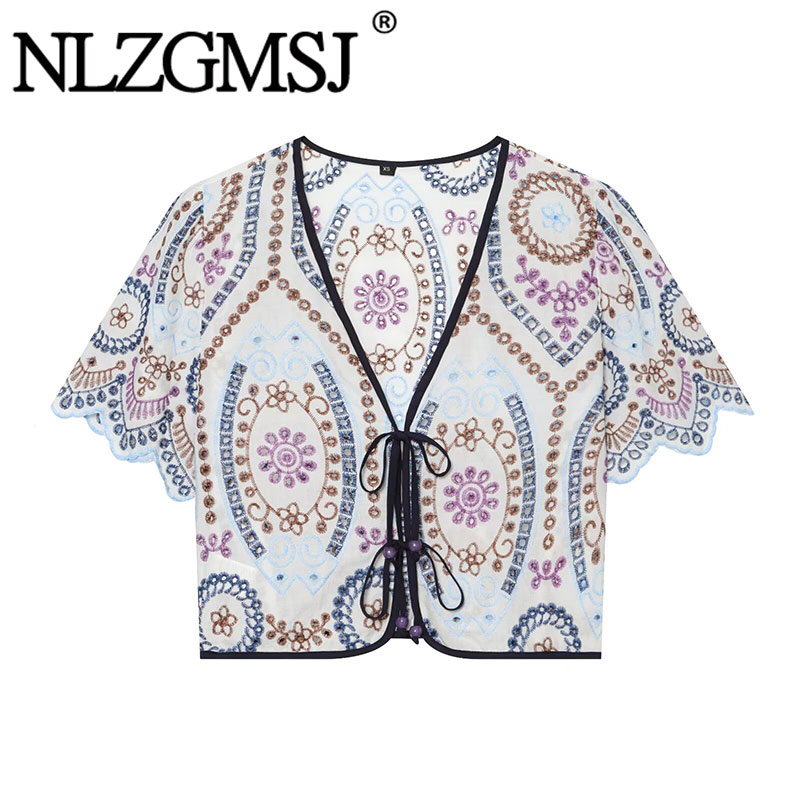 Tie Front Shirt - Nlzgmsj 2026 Summer Women Embroidered Blouse