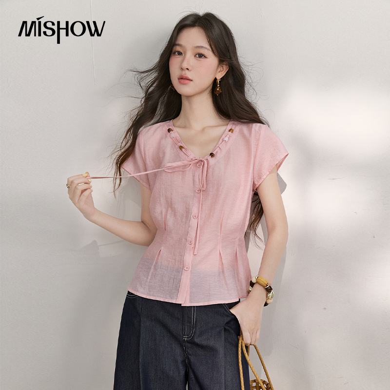 Tie Front Shirt - MISHOW Women's V Neck Beaded Tie