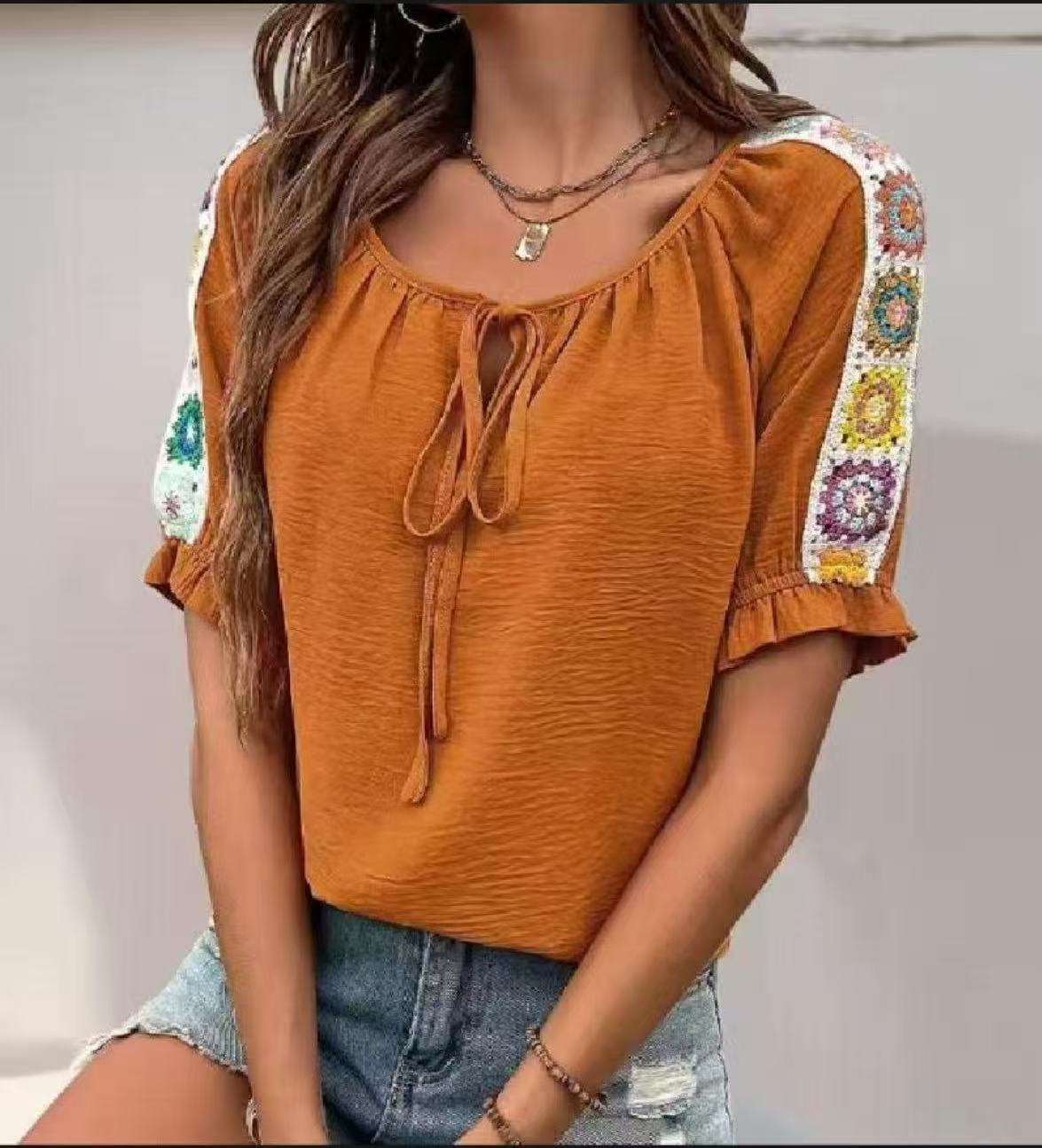 Tie Front Shirt - Boho Women's Blouse Tie Front Neck