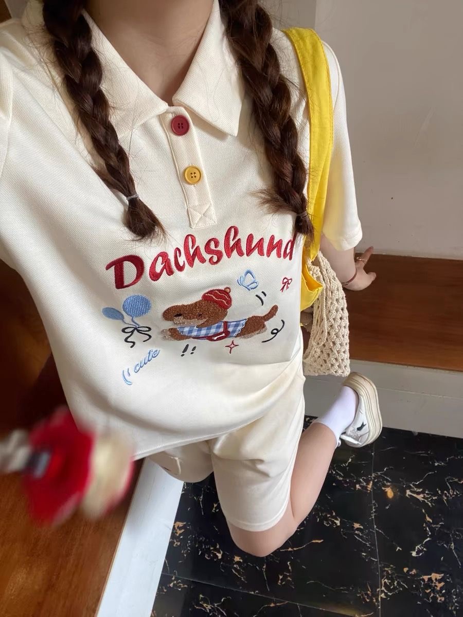 Summer Clothing For Japan - Kawaii Embroidery Dog Japan Style Polo