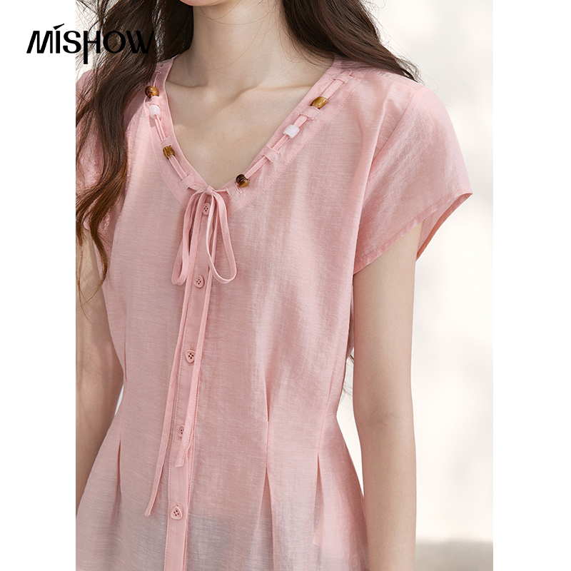 MISHOW Women's V Neck Beaded T - Tie Front Shirt review and price