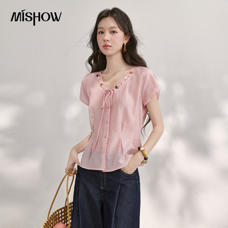 MISHOW Women's V Neck Beaded T - Tie Front Shirt review and price