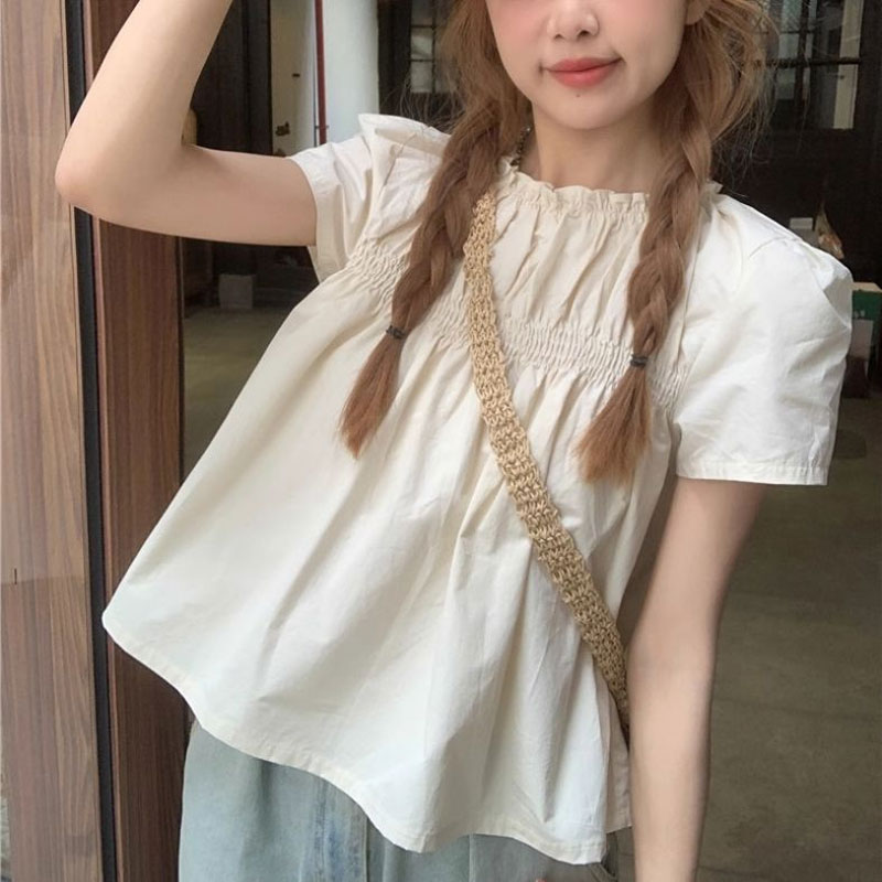 Shirring Solid Color Shirts Fe - Summer Clothing In French review and price
