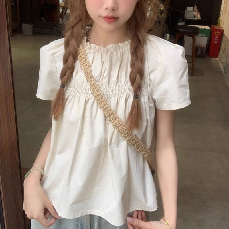 Shirring Solid Color Shirts Fe - Summer Clothing In French review and price