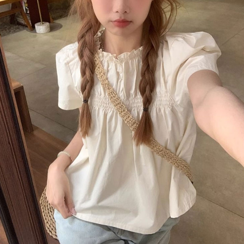 Shirring Solid Color Shirts Fe - Summer Clothing In French review and price