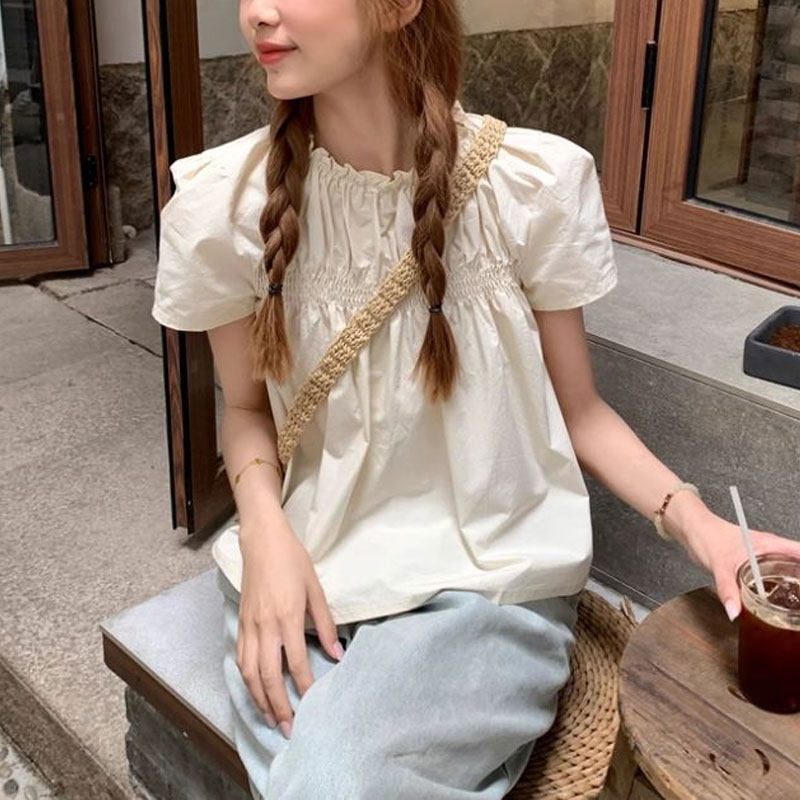 Shirring Solid Color Shirts Fe - Summer Clothing In French review and price