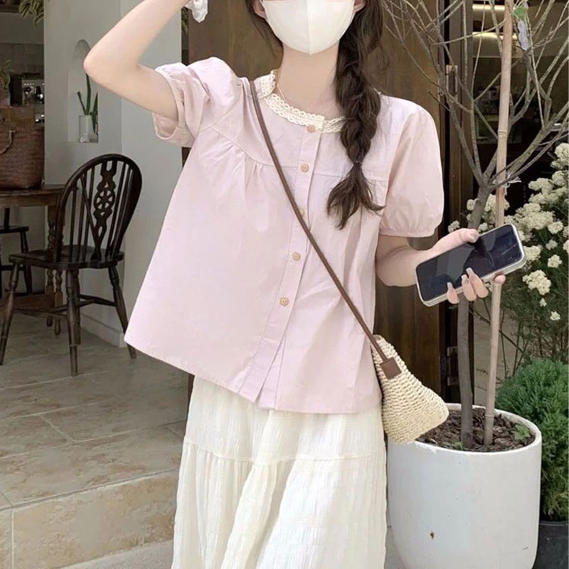 Fashionable Lace Spliced Shirt - Summer Clothing In French review and price