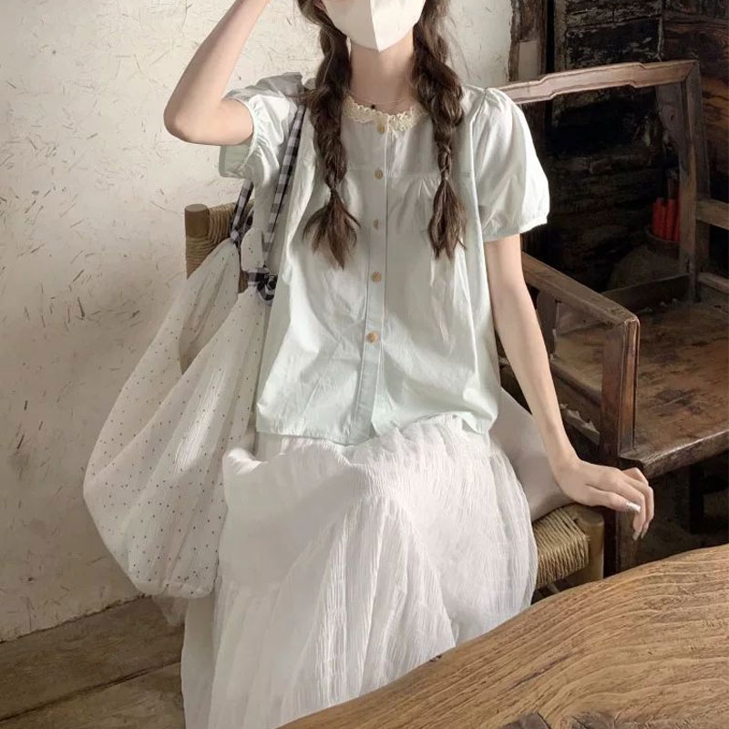 Fashionable Lace Spliced Shirt - Summer Clothing In French review and price
