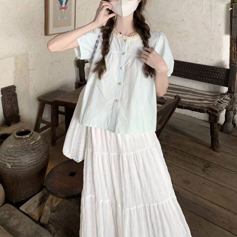 Fashionable Lace Spliced Shirt - Summer Clothing In French review and price